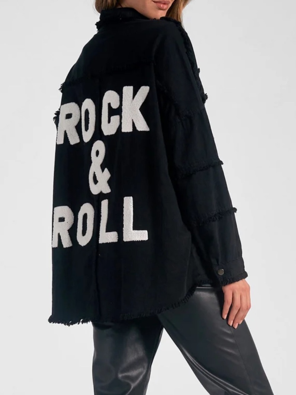 Elan Black Shacket with White "ROCK & ROLL" Graphic